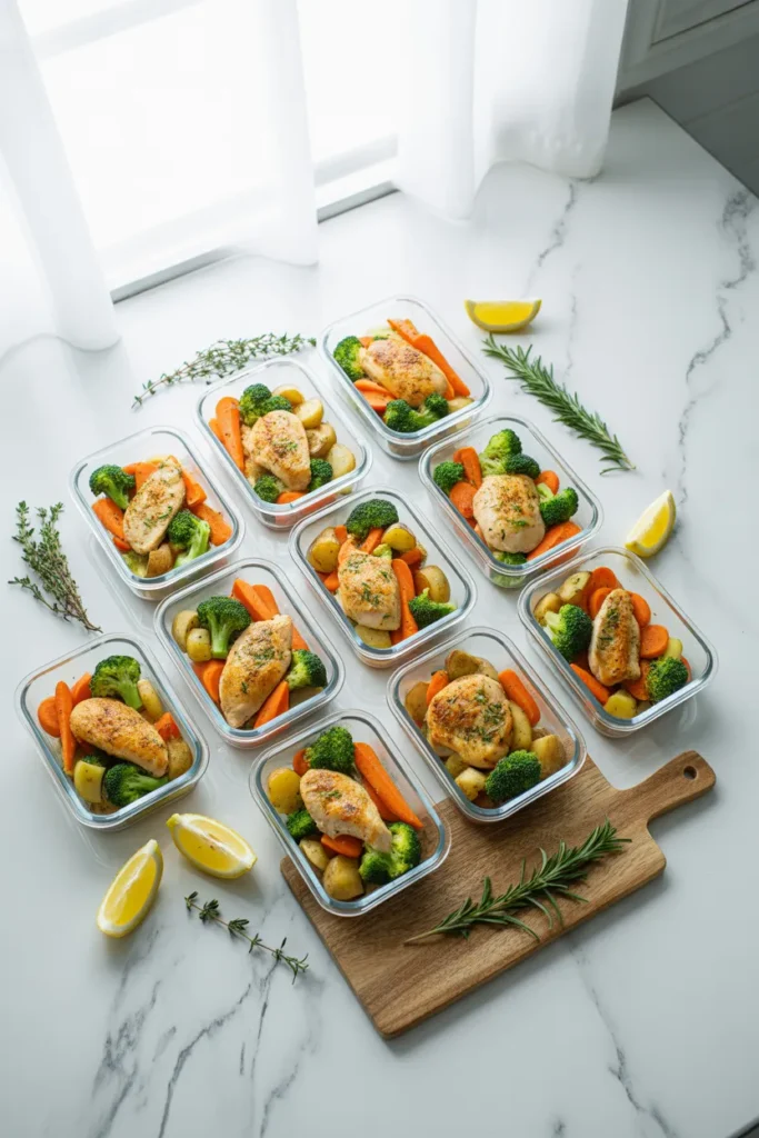 10 easy chicken meal prep recipes in glass containers on marble counter