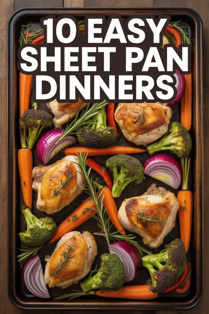 10 easy sheet pan dinners for busy weeknights — Pinterest pin with roasted chicken, vegetables, and herbs.