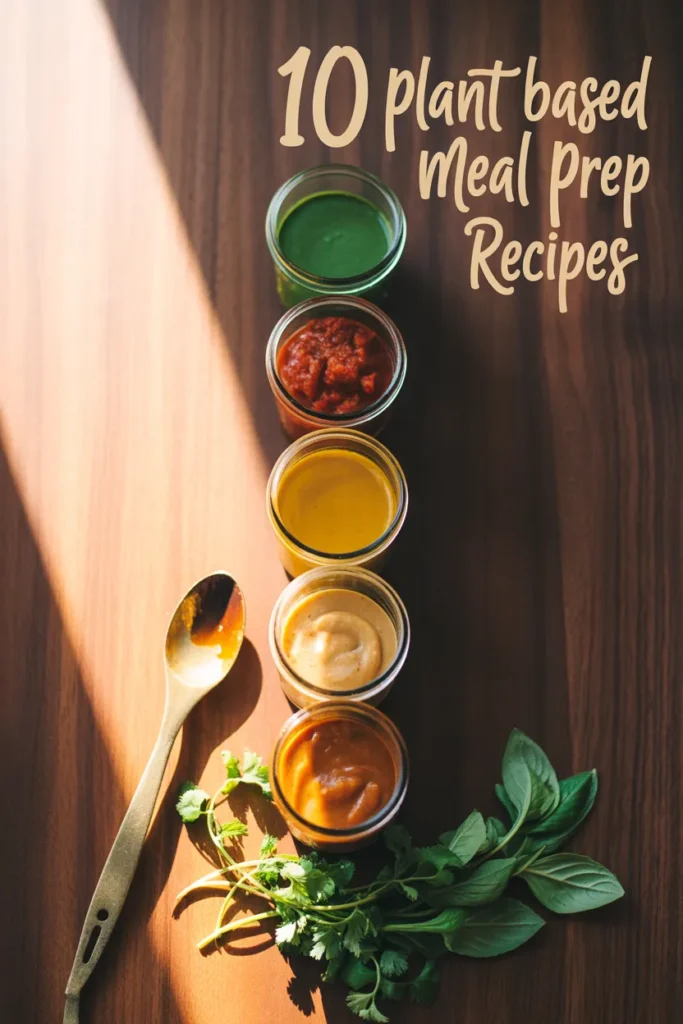  10 plant based vegan meal prep recipes pin with homemade sauces in mason jars