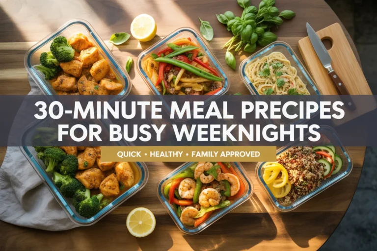 30-Minute Meal Prep Recipes for Busy Weeknights — colorful meal prep containers with chicken, stir-fry, pasta, and quinoa bowls on a wooden table