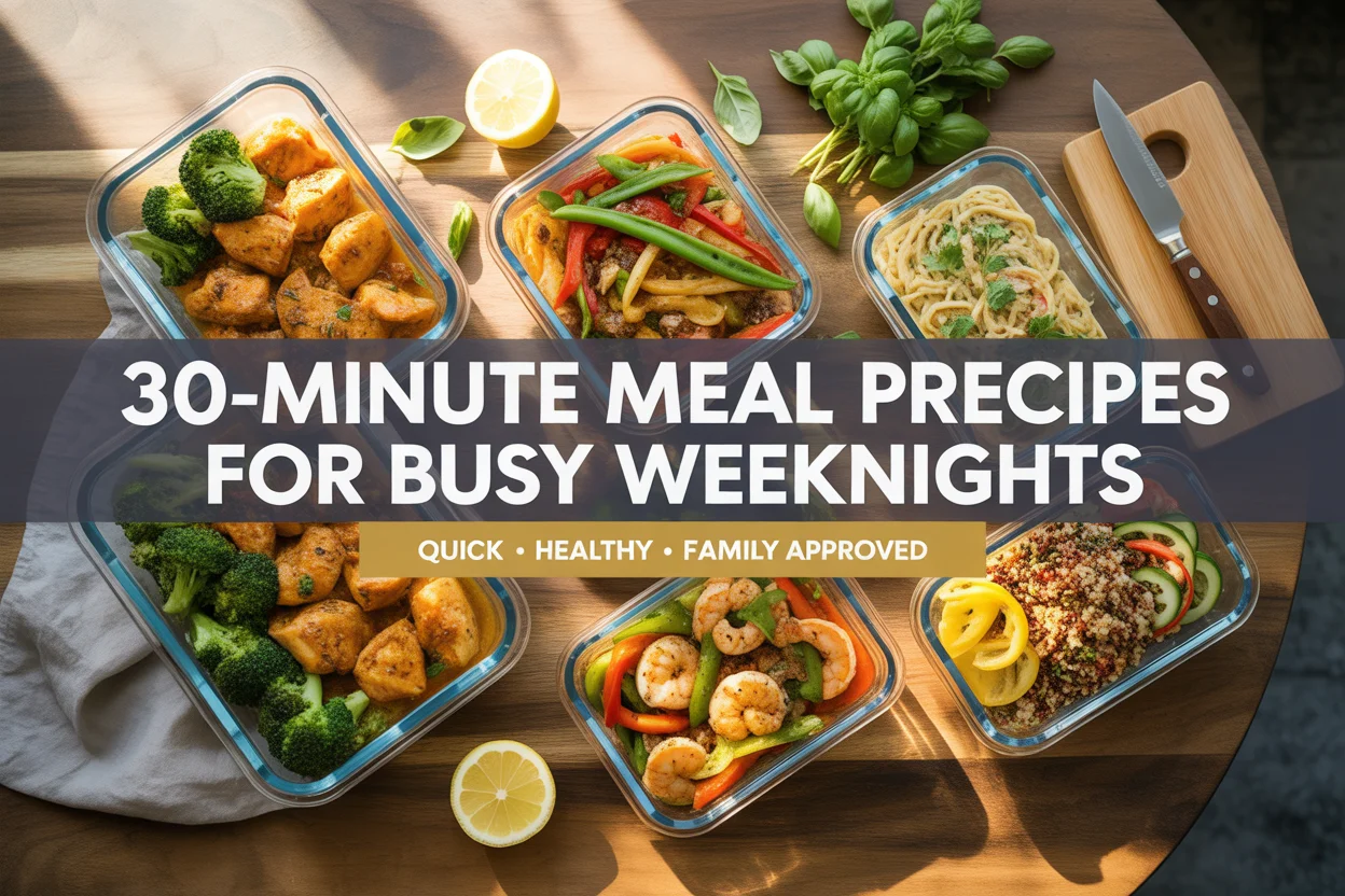 30-Minute Meal Prep Recipes for Busy Weeknights — colorful meal prep containers with chicken, stir-fry, pasta, and quinoa bowls on a wooden table