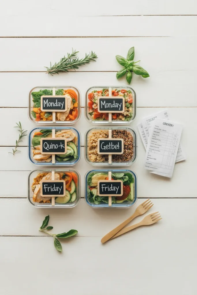 5 day meal prep plan for college students under $30 with labeled containers for each day of the week
