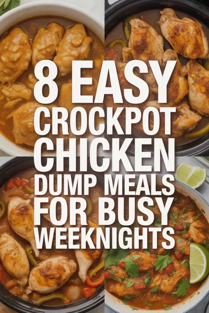 8 easy crockpot chicken dump meals for busy weeknights Pinterest recipe pin collage.