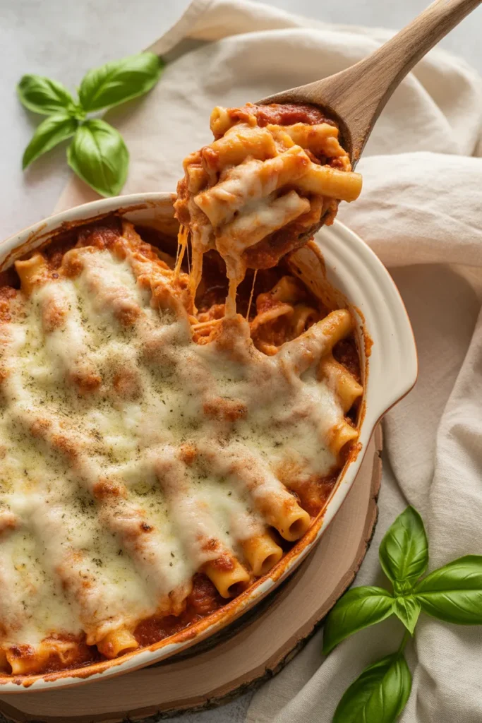Baked ziti casserole with golden cheese top, a kid-approved easy family dinner recipe