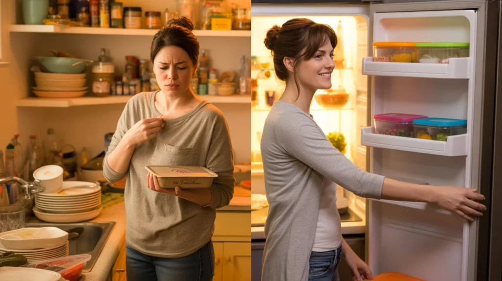 Before and after meal prep showing a stressed parent versus a calm parent with organized meal prep containers in the fridge