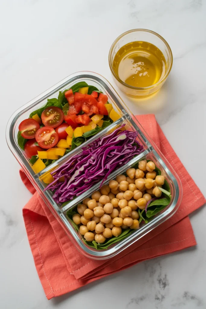 Bento-style salad meal prep container showing layered greens, divided toppings, and separate dressing compartment in a flat lay