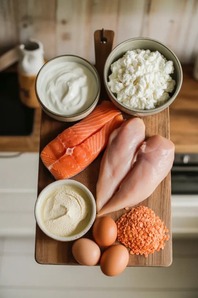 Best high protein foods for muscle building meal prep including chicken eggs salmon Greek yogurt and lentils