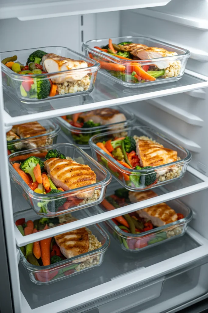 Borosilicate glass meal prep containers stacked in a refrigerator filled with grilled chicken, roasted vegetables, and quinoa