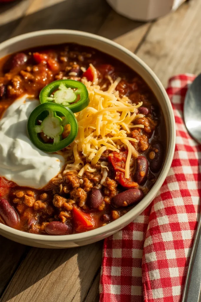 Bowl of keto-friendly chili without beans topped with sour cream and shredded cheese