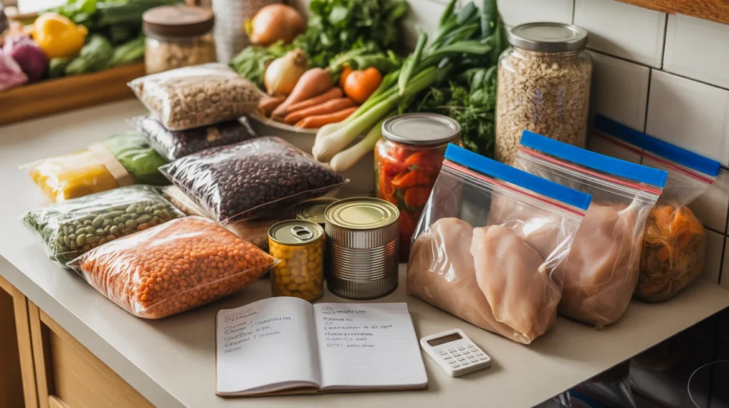  Budget-friendly meal prep staples including dried beans, bulk chicken, rice, canned tomatoes, and fresh vegetables with a savings calculator