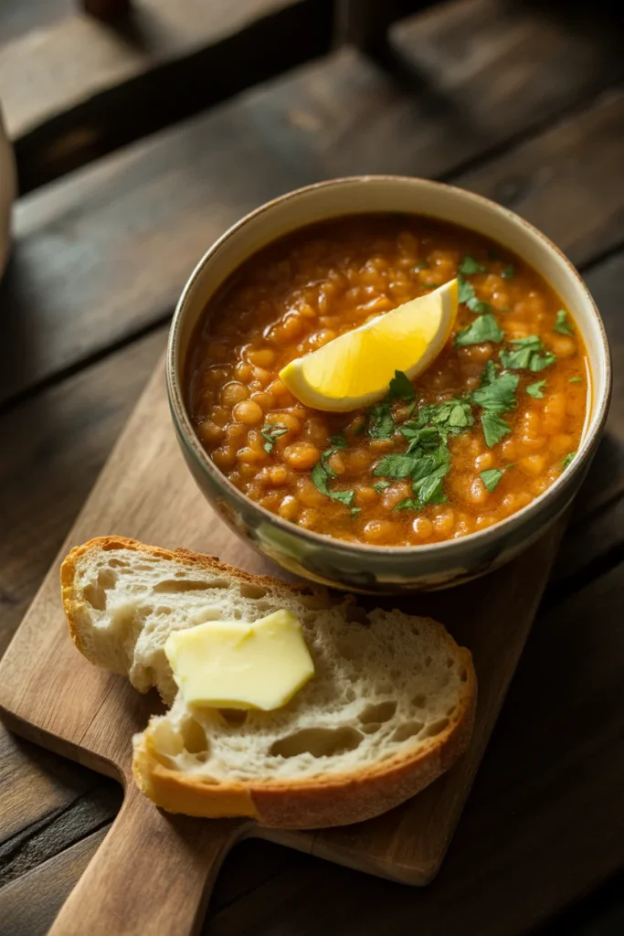 Budget-friendly red lentil soup with crusty bread, perfect for weekly meal prep