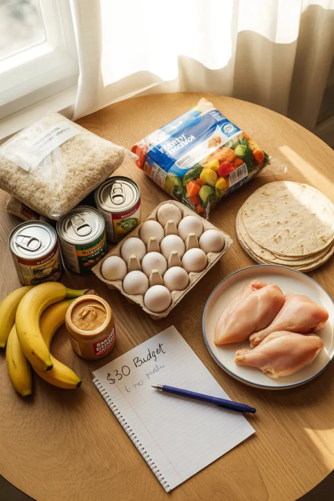 Budget grocery haul for college meal prep under $30 with rice, beans, eggs, chicken, and frozen vegetables