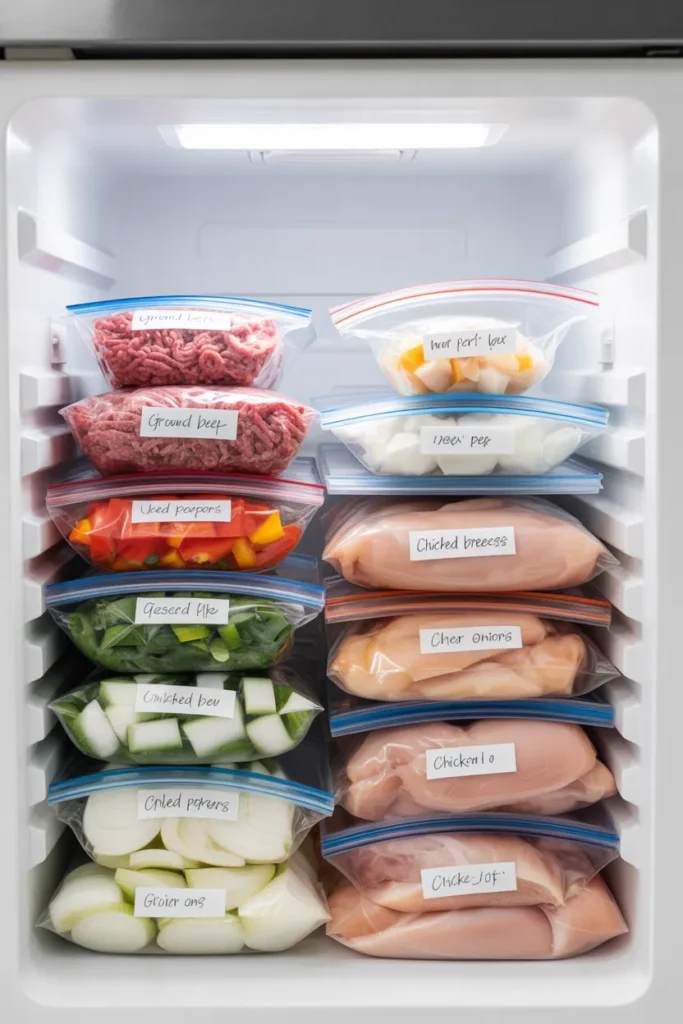  Budget meal prep freezer organization with flat frozen bags of meat and vegetables