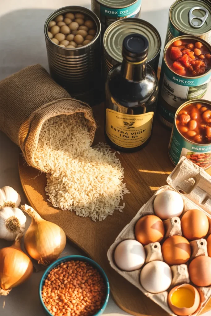 Budget pantry staples for affordable meal prep including rice, beans, eggs, lentils, and canned tomatoes