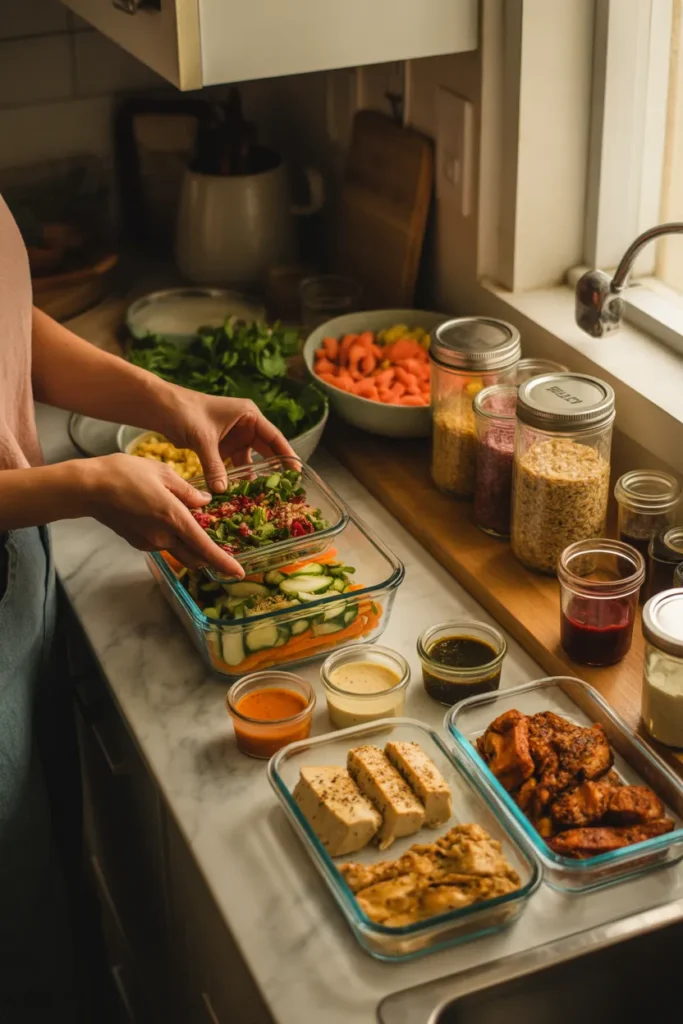 Building healthy lunch meal prep for work with protein grains vegetables and sauces