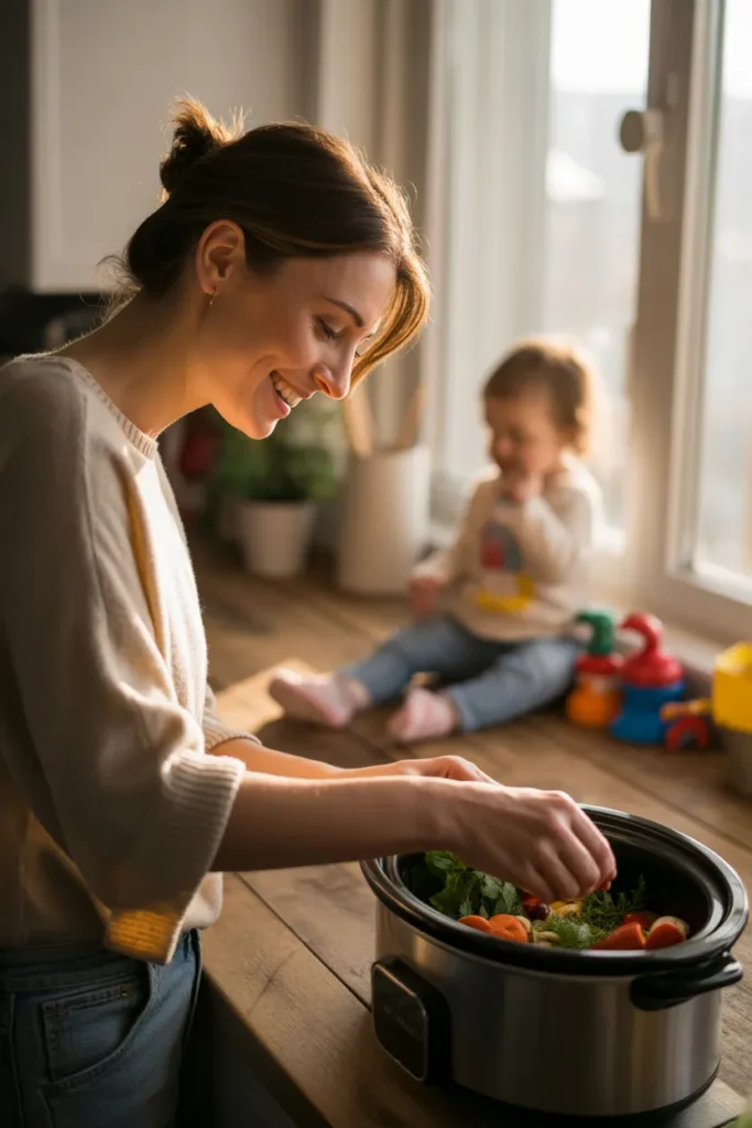 Busy mom preparing a dump and go slow cooker dinner — easy one pot meal for families