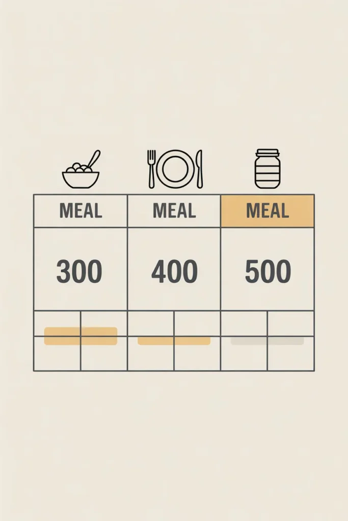 Calorie ceiling framework chart for low calorie meal prep showing 300, 400, and 500 calorie meal slots.