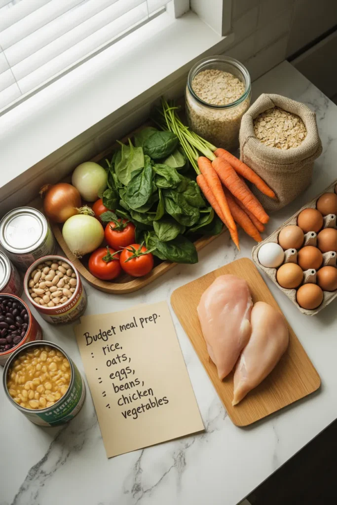 Cheap grocery list for meal prep on a budget flat lay with rice, beans, eggs, chicken, and fresh produce