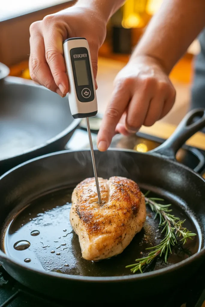 Checking chicken meal prep temperature with meat thermometer