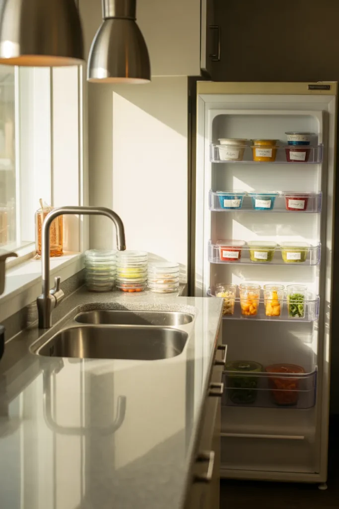 Clean kitchen after completing Sunday meal prep routine with organized counters and prepped meals visible in open refrigerator