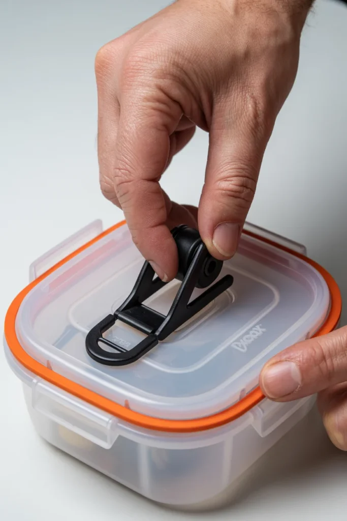 Close-up of a leak-proof meal prep container lid showing silicone seal and snap-lock clips being secured by hand