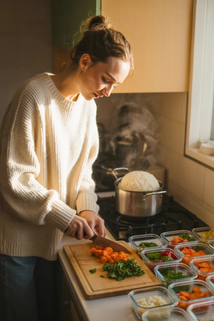 College student doing Sunday meal prep in a small dorm kitchen with glass containers and fresh vegetables