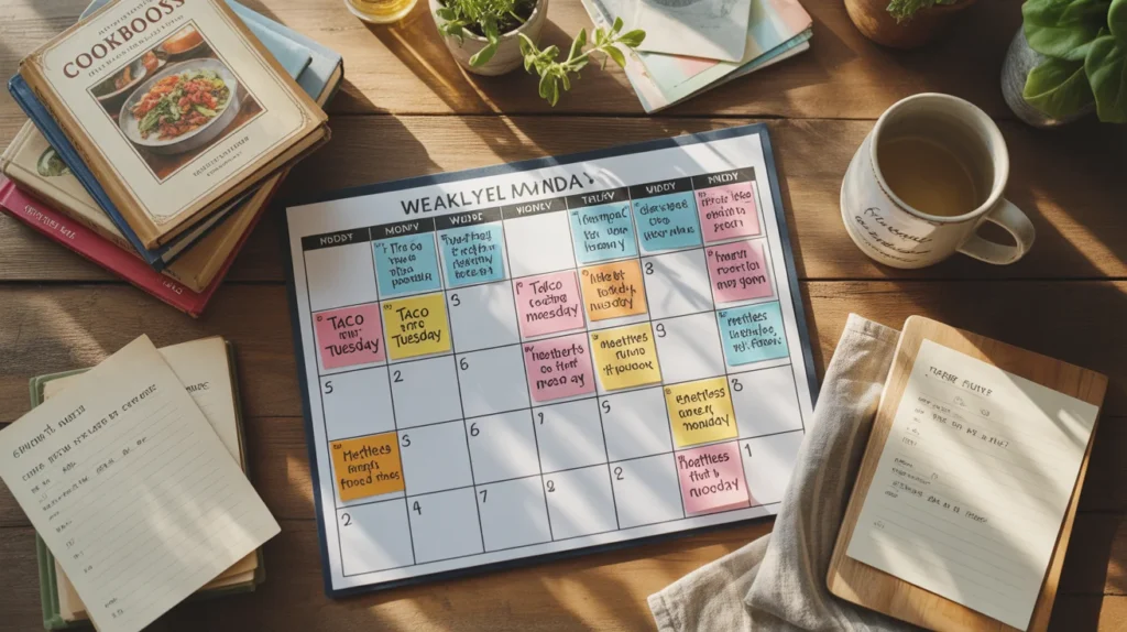 Colorful weekly meal planning calendar with theme nights like Taco Tuesday and Meatless Monday on a kitchen table