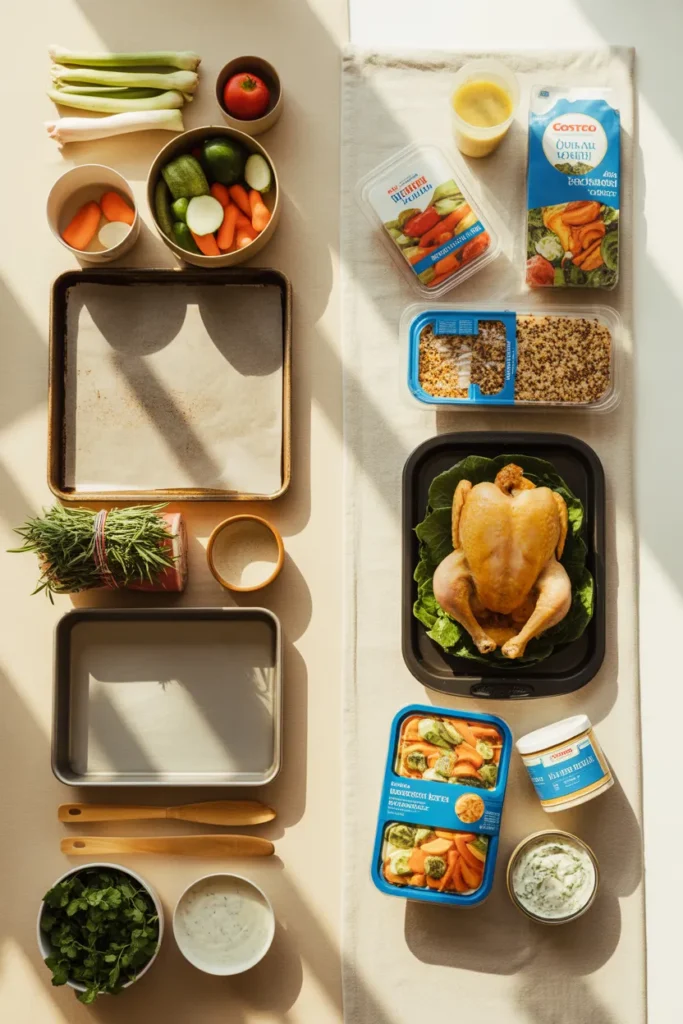 Comparison of Sunday from-scratch Mediterranean meal prep ingredients next to a faster weeknight version using rotisserie chicken and pre-cut produce.