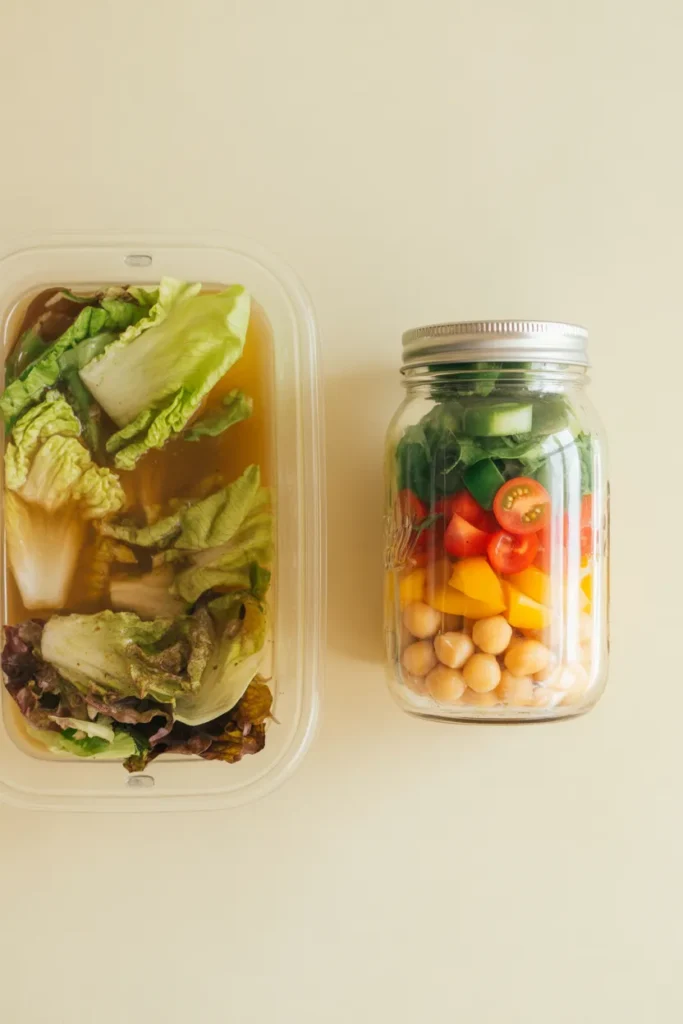 Comparison of a soggy pre-dressed salad versus a properly layered Mediterranean mason jar salad with dressing on the bottom.