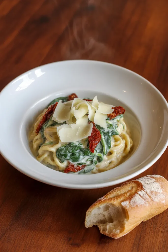 Creamy Tuscan one-pot pasta with sun-dried tomatoes and spinach — quick 30-minute meal prep dinner idea