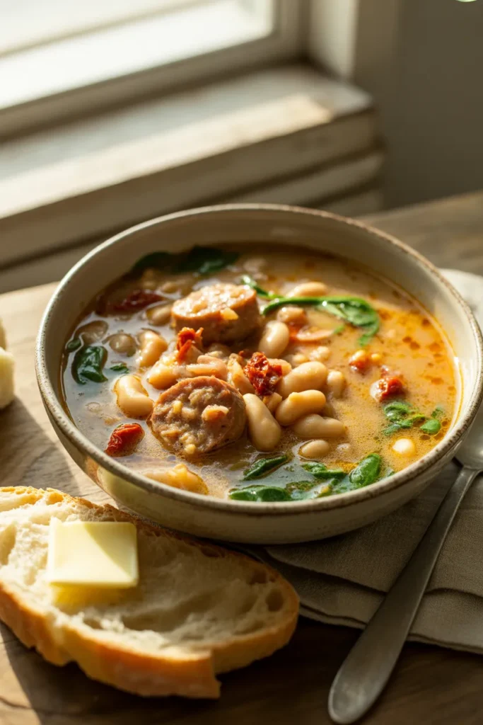 Creamy Tuscan sausage soup — dump and go slow cooker one pot recipe with Italian sausage and white beans