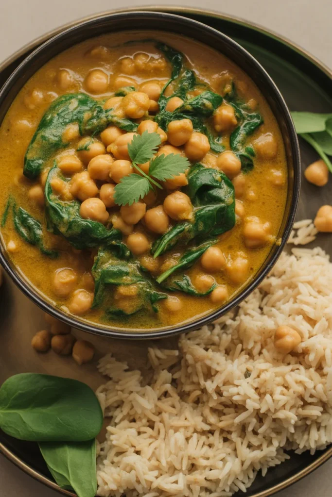 Creamy chickpea coconut curry over rice — an affordable vegan meal prep recipe