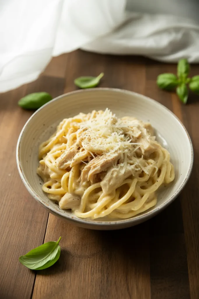 Creamy crockpot chicken alfredo dump meal with penne pasta and fresh parmesan cheese.