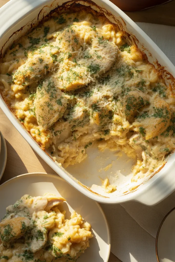 Creamy garlic parmesan chicken and rice casserole easy dinner