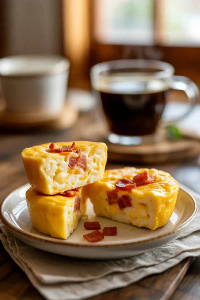 Creamy keto bacon and cheddar egg bites served with black coffee for a low carb breakfast