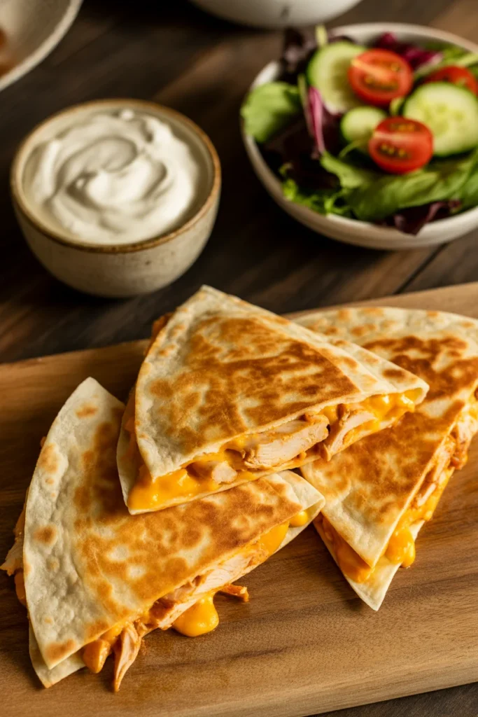 Crispy BBQ chicken quesadillas with sour cream and side salad — quick weeknight meal prep dinner idea for families