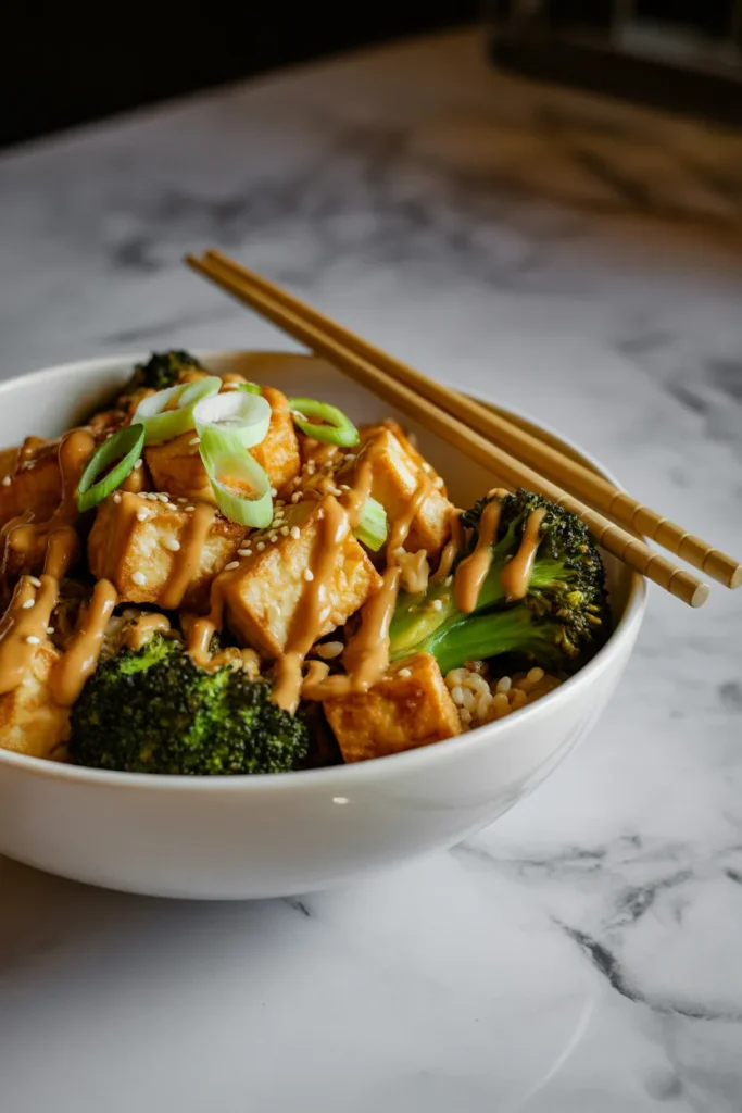  Crispy baked tofu broccoli bowl with brown rice and peanut sauce for vegan meal prep