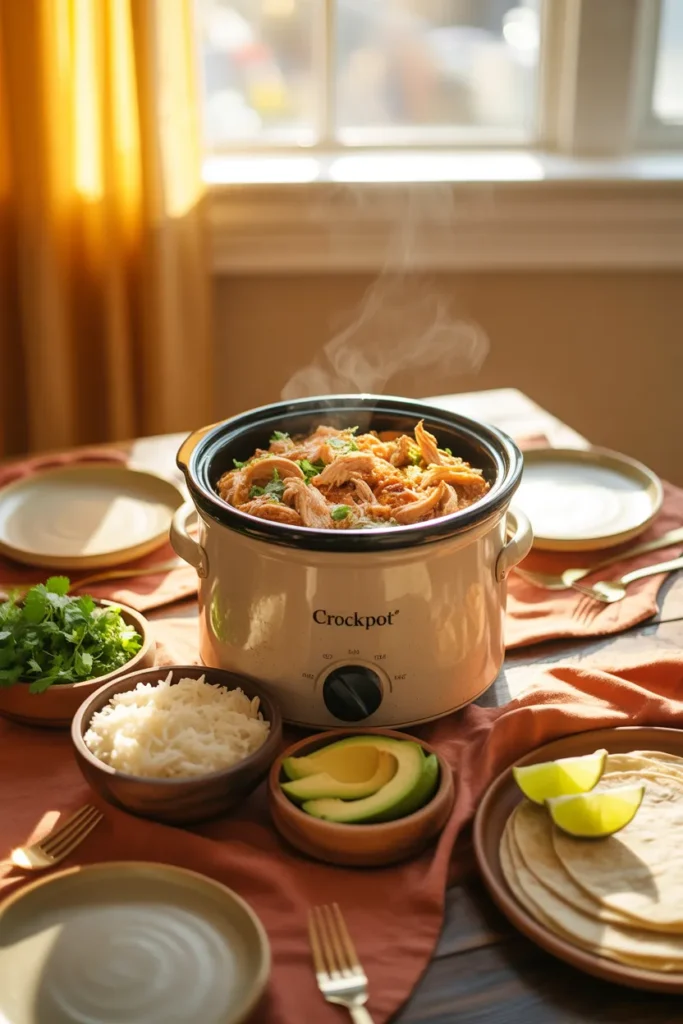 Crockpot chicken dump meal family dinner spread with tortillas rice and fresh toppings.