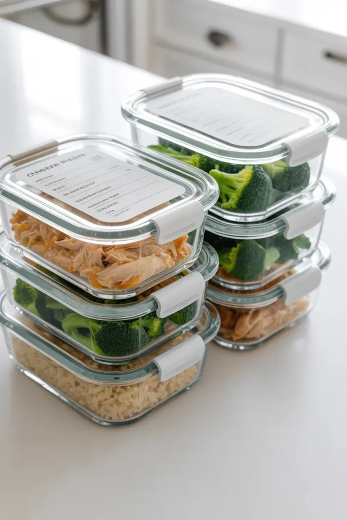 Crockpot chicken dump meal leftovers portioned into glass meal prep containers for the week.
