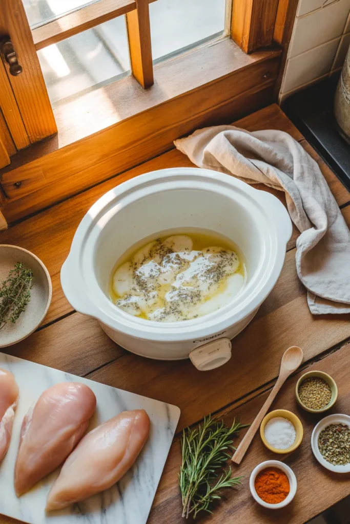 Easy crockpot chicken dump meals ingredients laid out on a wooden kitchen counter for busy weeknight dinners.
