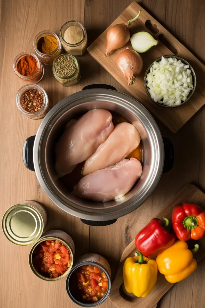 Easy dump and go recipe ingredients laid out on a wooden table next to a slow cooker for one pot meals