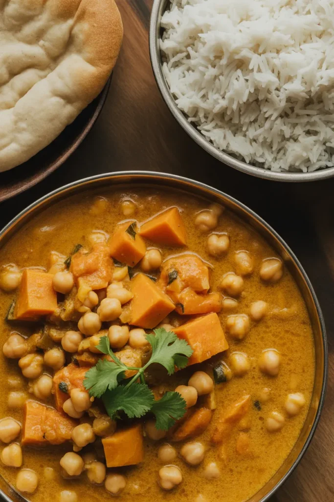 Easy dump and go vegetable curry — one pot vegan meal with chickpeas, sweet potatoes, and coconut milk