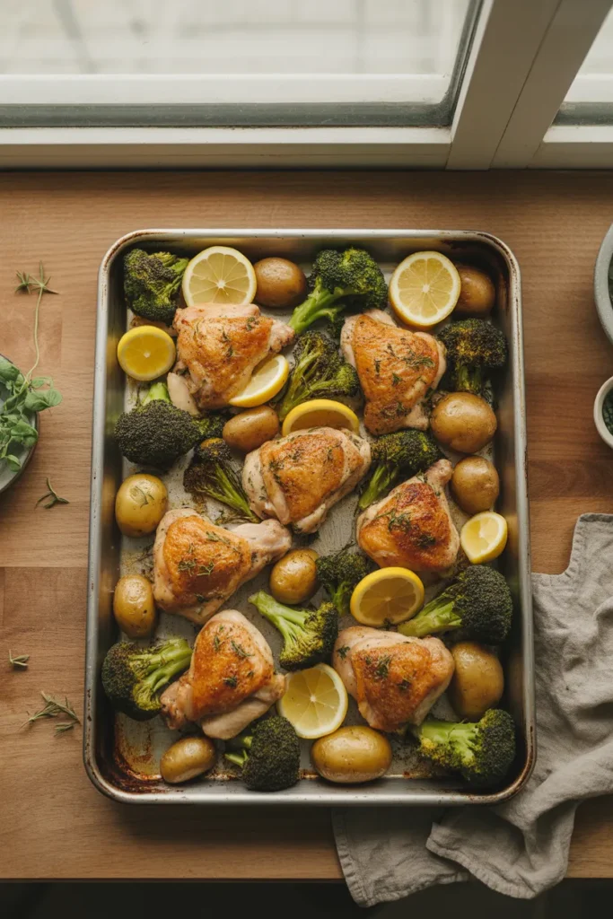Easy sheet pan dinner with roasted chicken, broccoli, and potatoes on one tray for busy weeknight meals.