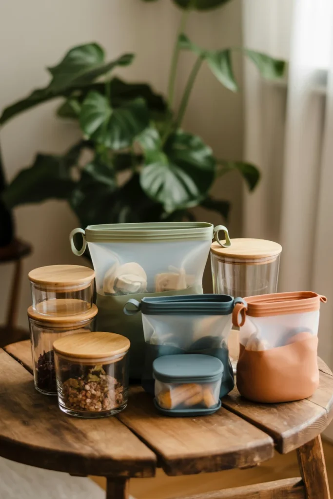 Eco-friendly silicone meal prep bags and glass containers arranged on a rustic wooden table with a potted plant in the background