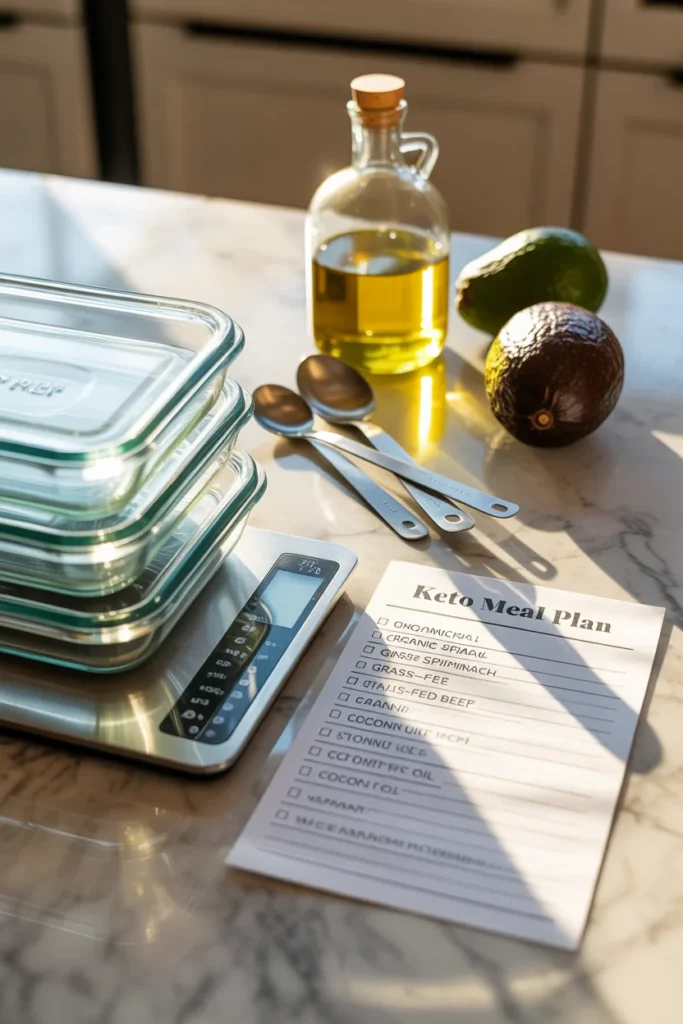 Essential keto meal prep tools including glass containers, food scale, and low carb ingredients on a kitchen counter