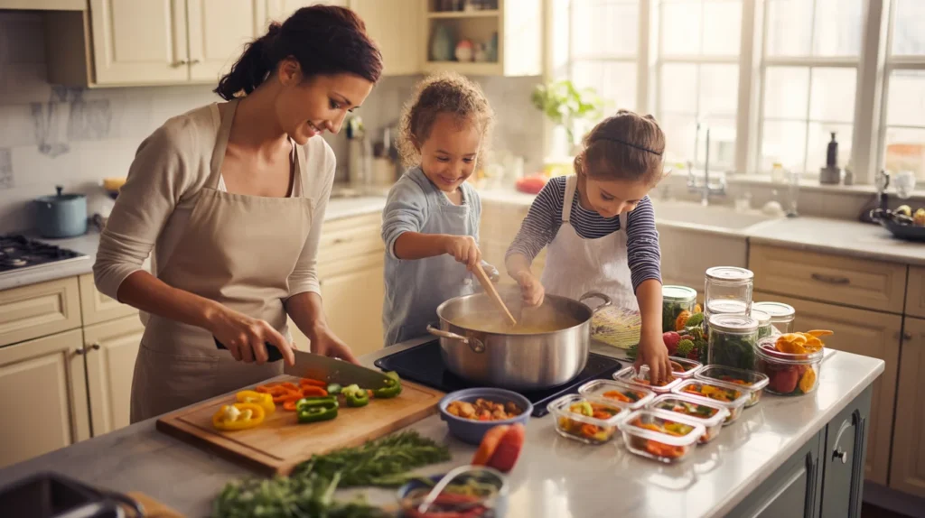 Family Sunday meal prep session with parent chopping vegetables and children helping stir and pack glass containers