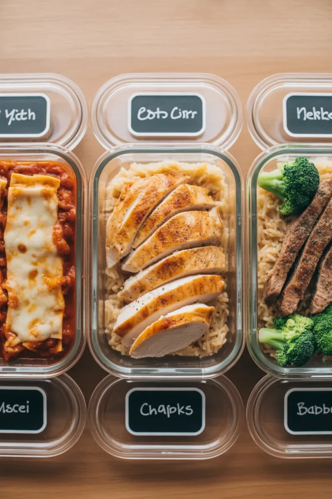 Family dinner leftovers portioned into glass meal prep containers for easy reheating
