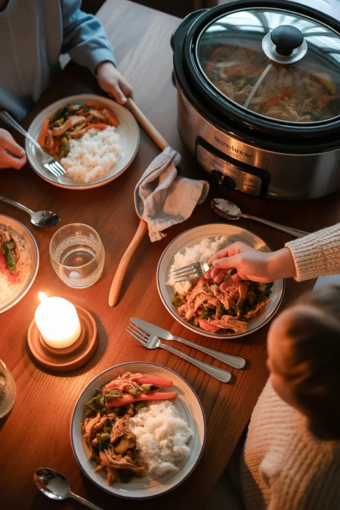 Family dinner served from slow cooker meal prep recipes on a cozy weeknight
