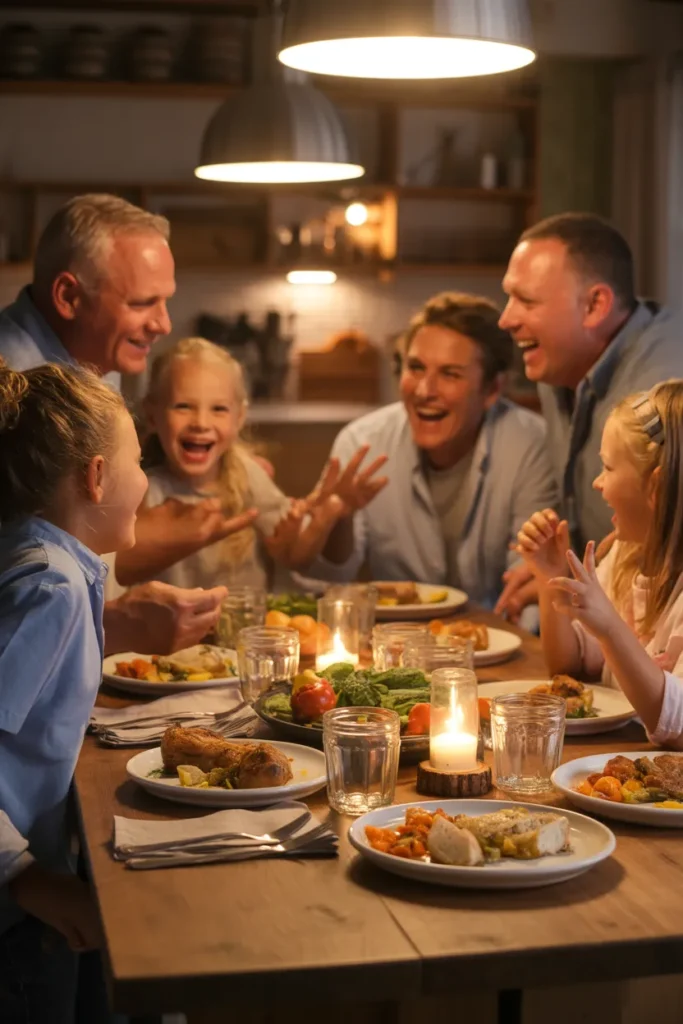 Family enjoying cheap meal prep dinner made from a budget grocery list
