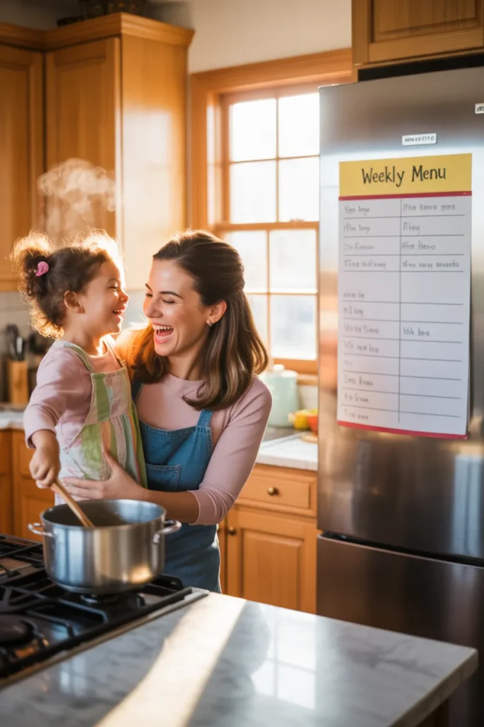 Family using weekly meal plan printable on fridge while cooking dinner together